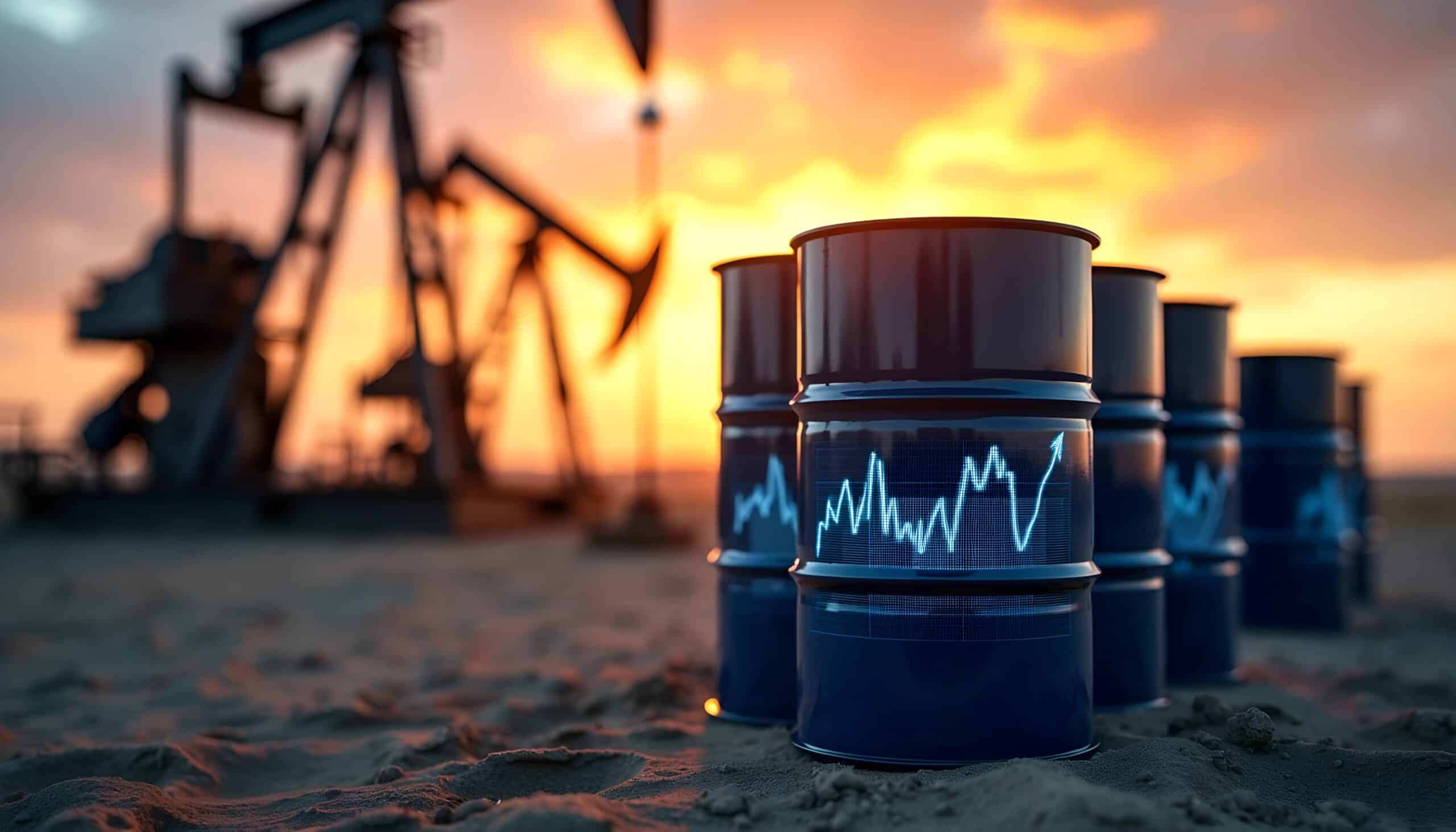 oil barrels with stock market graph oil rig symbolizing oil stocks market trends scaled